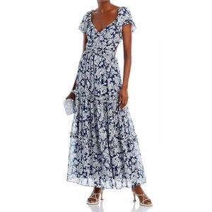 Aqua Maxi Dress Womens Size Small Gown Blue White Tiered Metallic Formal NEW